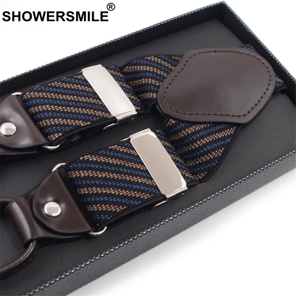 SHOWERSMILE Tirantes de cuero para hombre Jacquard a rayas 6 Clips Tirantes para hombre para pantalones Y espalda Tirantes de negocios para hombre