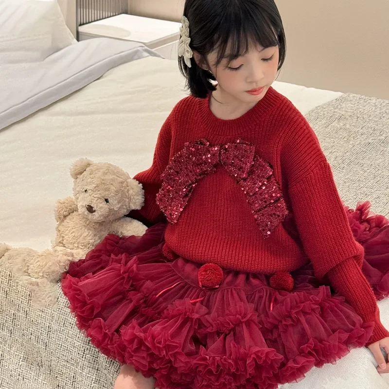 

Sweater and Skirt Autumn and Winter New Butterfly Knot Knitted Sweater Princess Yarn Skirt Kids Clothes Girls