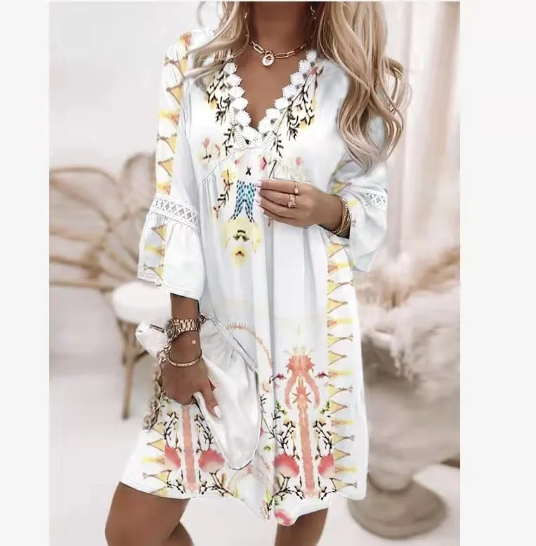 Casual Boho Dresses for Women 2024 Summer Loose Vintage Floral Print V-Neck Flare Sleeve Loose Dresses Women Mini Dress Vestidos