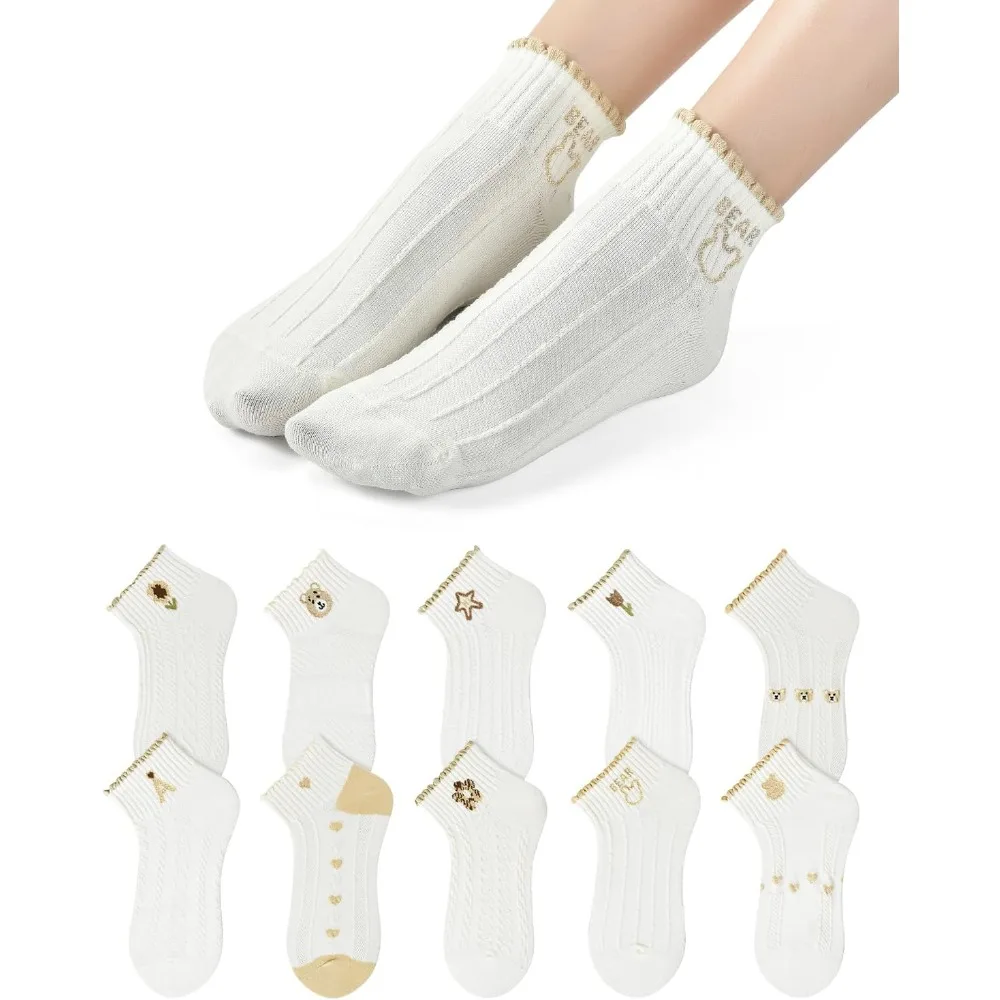 10 pairs cute socks for women white crew socks size 5-9,short crew socks for women cute quarter socks women