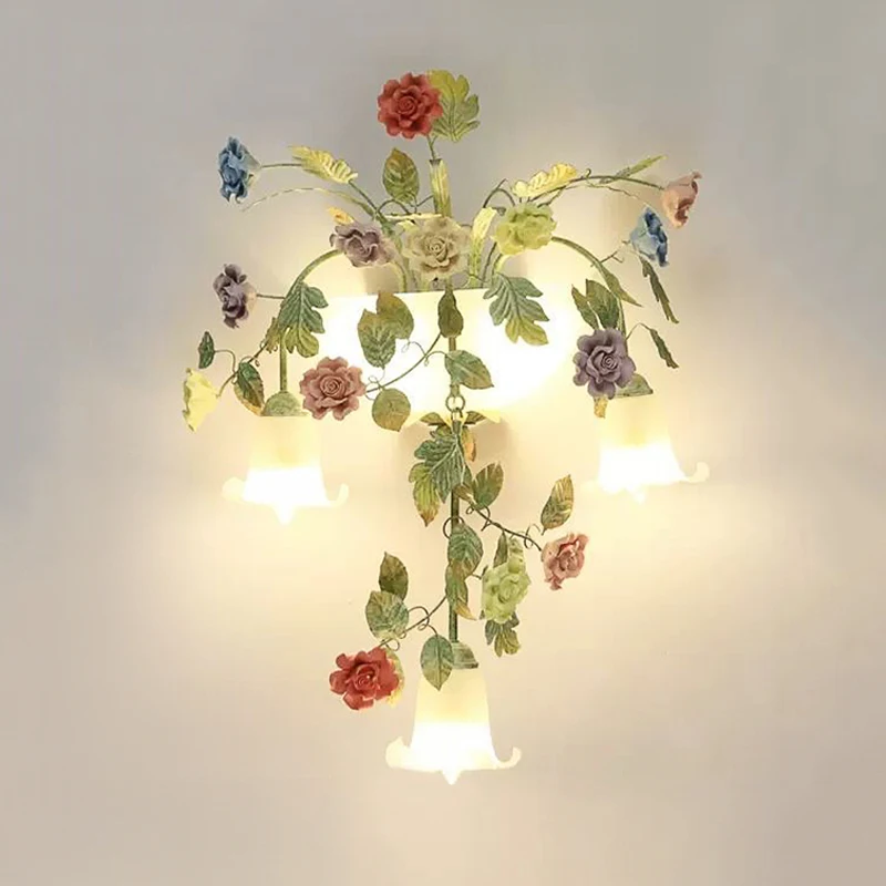 

American Countryside Style Led Lamp French Rose Garden Art Wall Lamp Vintage Iron Art Bedroom Living Room Corridor Sconce Lights