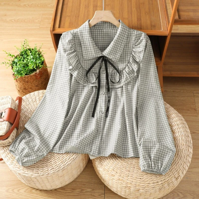 Koszule w kratę w stylu preppy z kokardą damskie 2025 jesień, koszule z kołnierzykiem, wiązane na kokardę, łączone falbanki, luźne bluzki, koreański szyk, uniwersalna bluzka