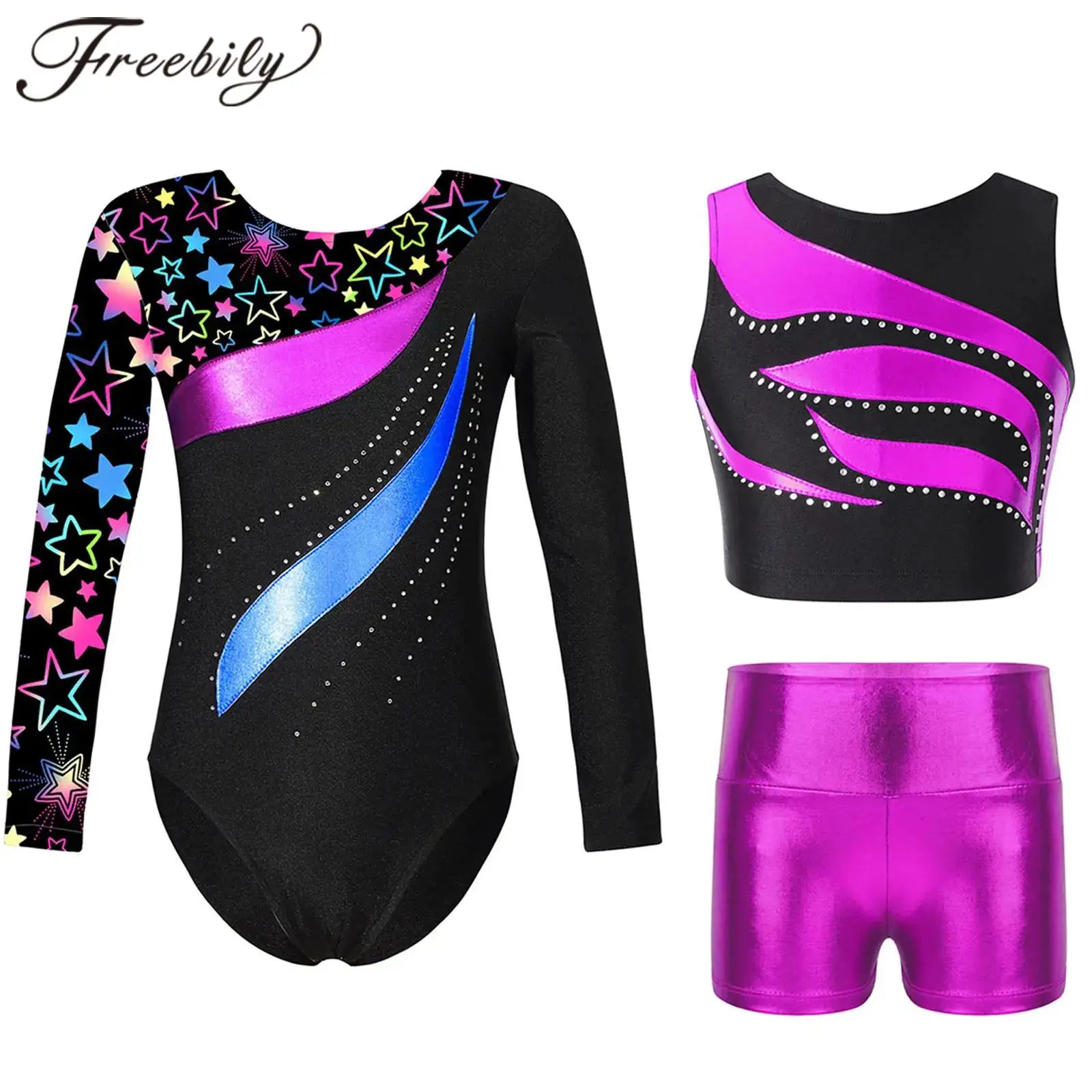 Kids Dancewear Sets Gymnastics Jumpsuit for Girls Ballet Dance Outfit Yoga Bodysuit Children Figure Skating Leotard Top Shorts