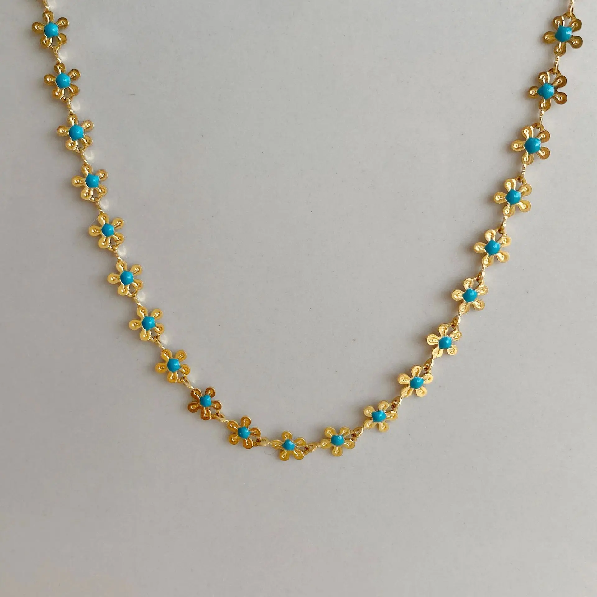 INS Titanium Steel Blue Flower Necklace For Women Girls Vintage Gold Multi Flower Choker Necklaces Fashion Aesthetic Jewelry