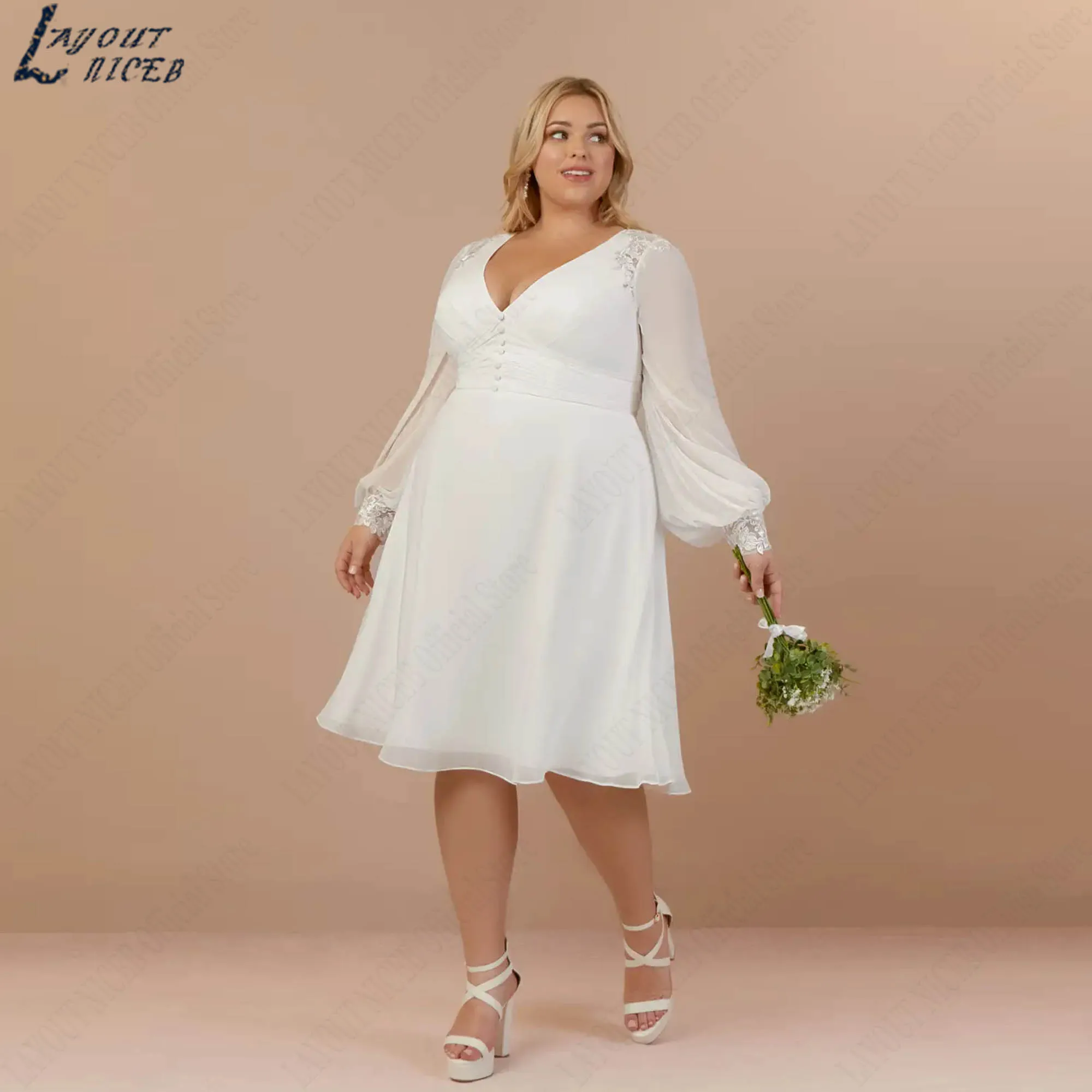 Plus Size Little White Dress Chiffon A-line V-neck Midi Wedding Gowns for Bride Long Sleeves Modern vestidos de novia Customized