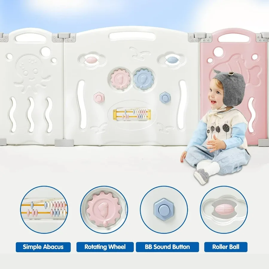 Baby Playpen Upgraded 14 Panels Foldable Fence with Game Panel and Safety Gate Adjustable Shape Portable Play Yards for Toddler