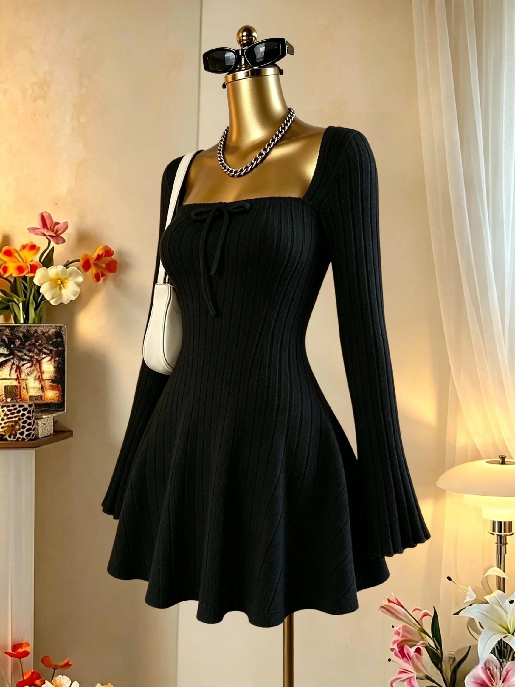 Damen-Minikleid mit quadratischem Ausschnitt, vorne gebunden, gerippt, ausgestellter Rock, lange Ärmel, tailliert, A-Linie, Y2K, sexy Kleid – Detail 3