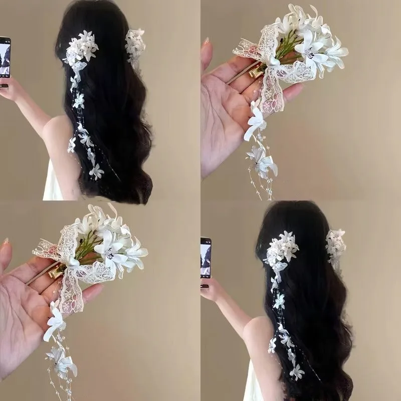 1PC New Chinese Super Fairy Atmosphere Feeling Flower Tassel Hair Clip Female Light Luxury Premium Feeling Niche Side Clip Exagg