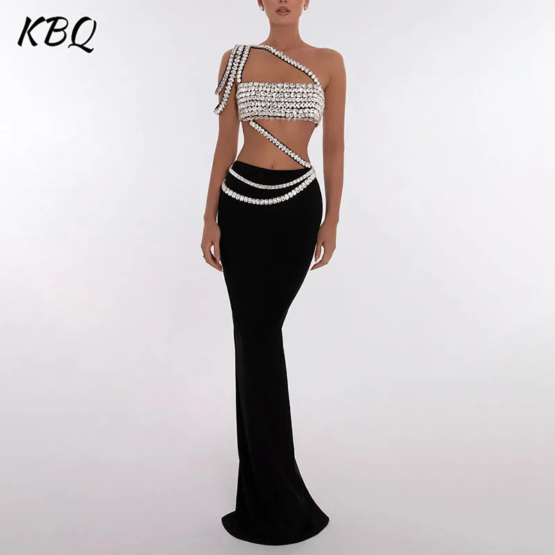 

KBQ Patchwork Diamonds Two Piece Set For Women Square Collar Sleeveless Top High Waist Mermaid Skirt Sexy Sets Female Fashion