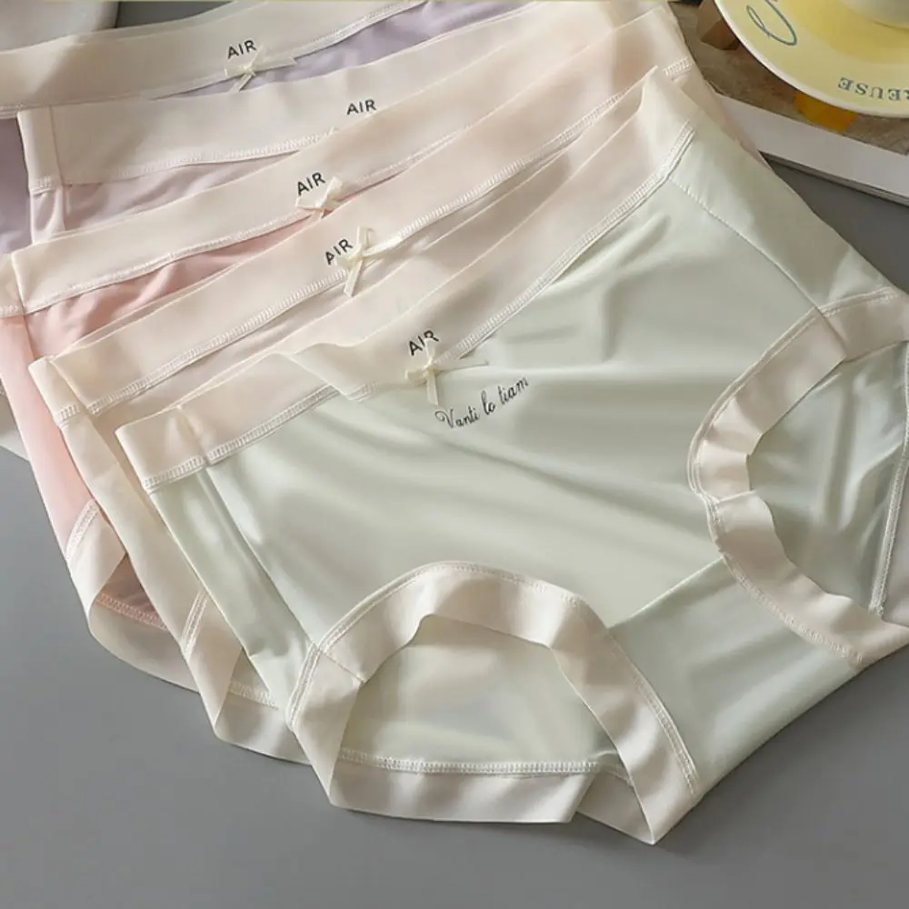

5PCS Mid Waist Ice Silk Panties Bowknot Mesh Underwear Seamless Briefs Female Lingerie Cotton Crotch Women's Thin Underpants