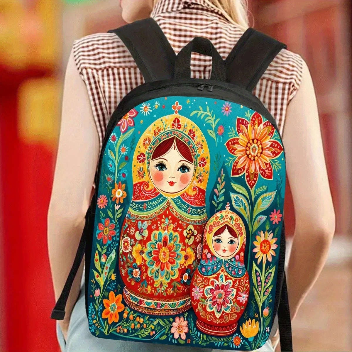 1pc, Russian Matryoshka Large Capacity 17-inch Casual Backpack Laptop Bag with Water Bottle Holder - Lightweight Durable