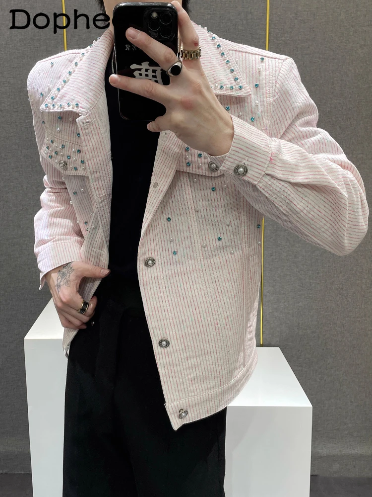 

Fashion Retro Denim Jackets Men 2025 Niche Beaded Decoration High-end Denim Coats Male Long Sleeve Handsome Stylish Denim Jacket