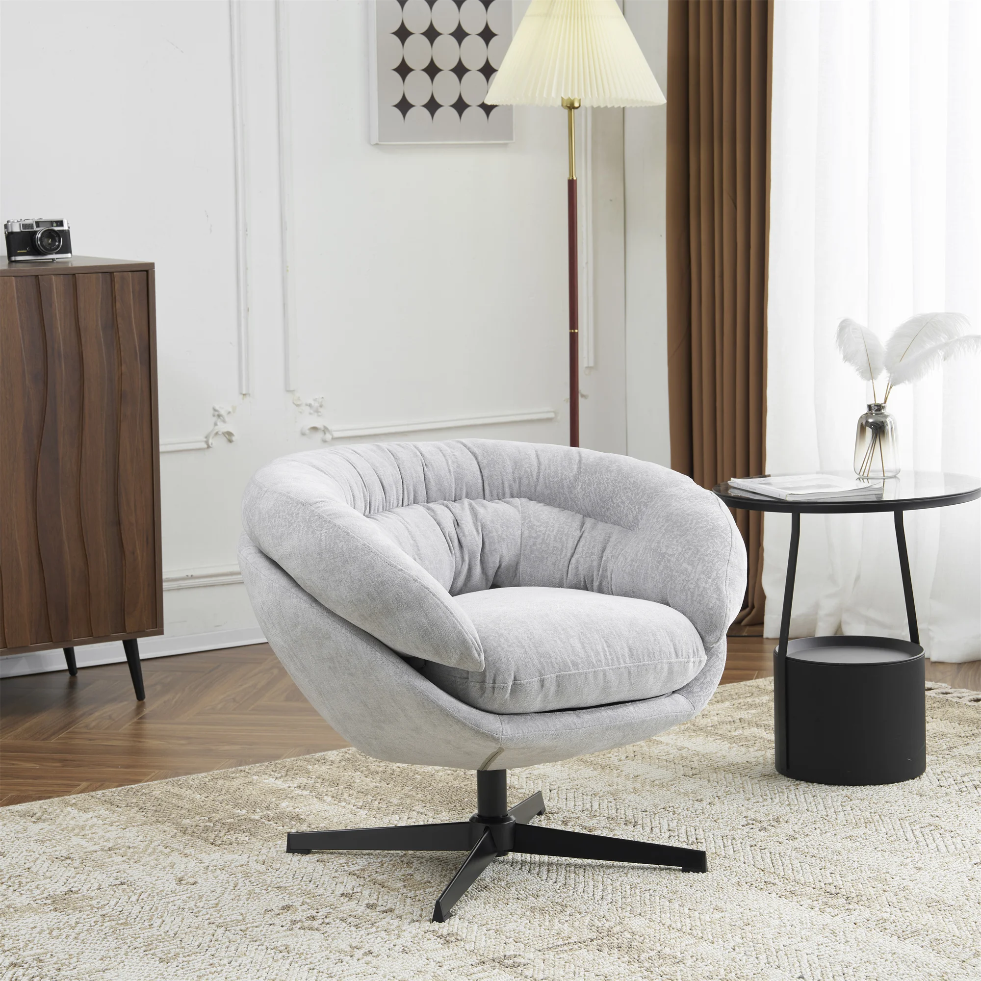 Modern Sofas Chair 360° Swivel Accent Chair with Removable Cushion Round Office Sofa Chair Metal Base Cotton Living Room Office