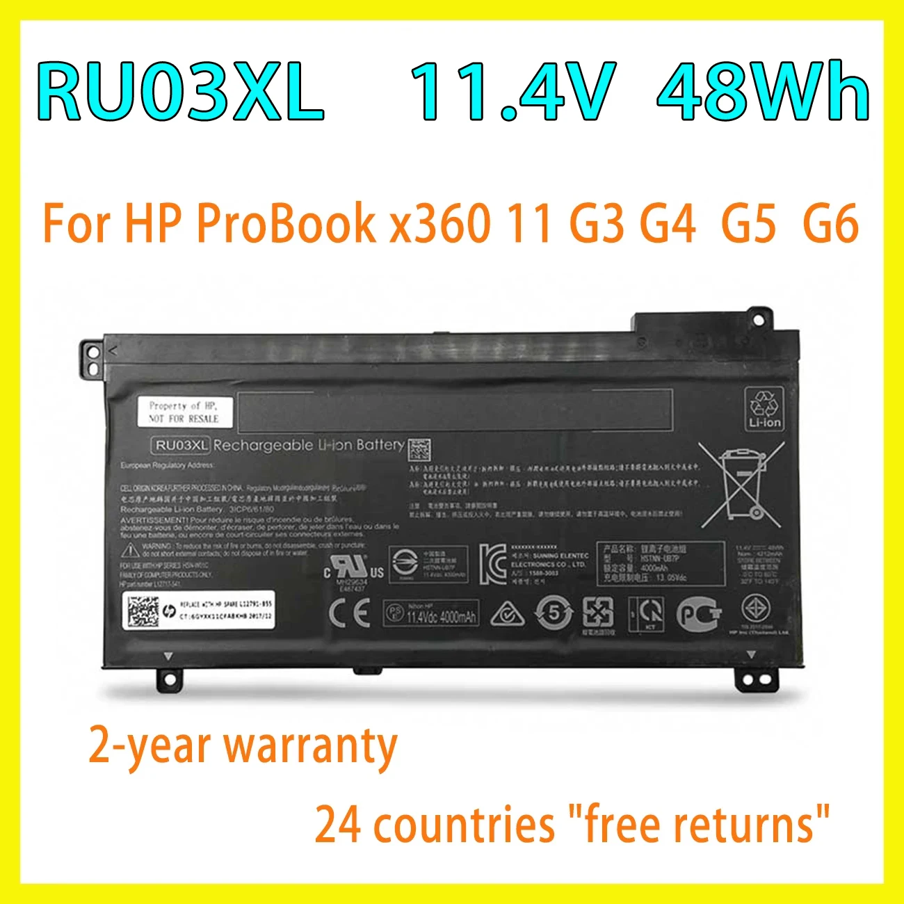 

New RU03XL Laptop Battery For HP ProBook x360 11 G3 G4 G5 G6 440 G1 HSTNN-LB8K HSTNN-IB8P HSTNN-UB7P L12717-171 L12717-1C1 48WH