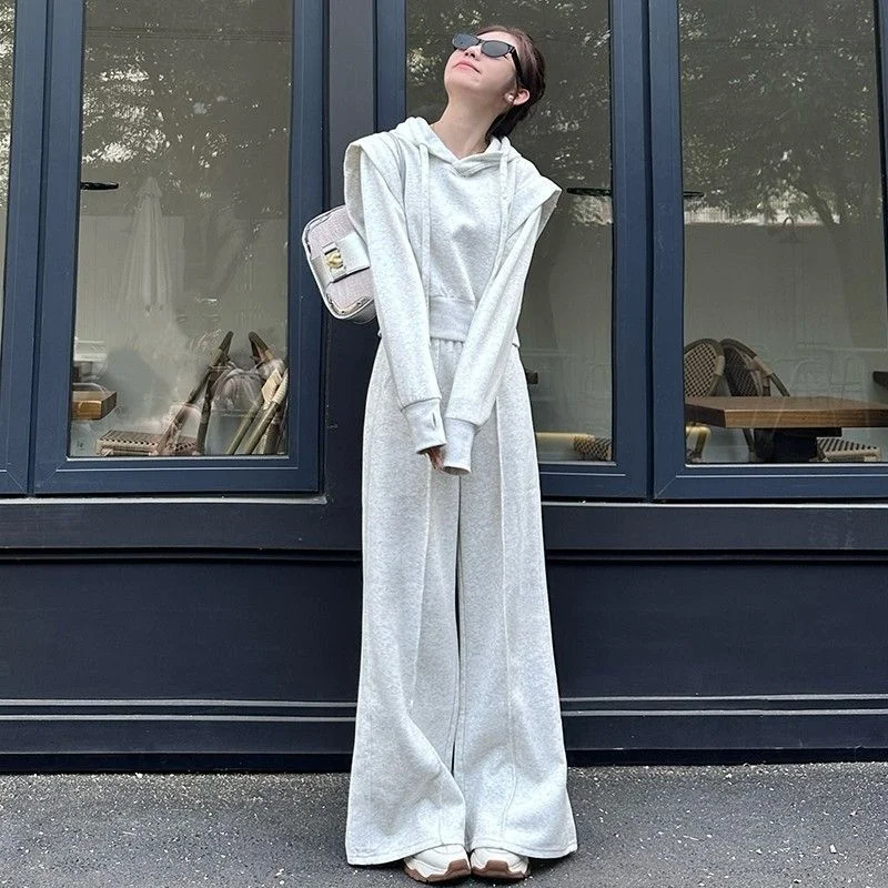 Autumn and winter high-end fashion women's casual suit American retro two-piece set hooded fake two-piece hoodie+flared pants