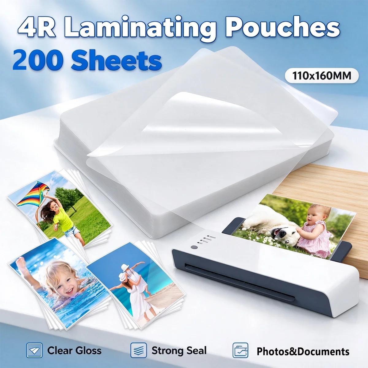 4R 200 Sheets 110x160MM Laminating Pouches,Adhesive Laminating Film,10 Micron Transparent Hot Laminating Film for Photos,Menus