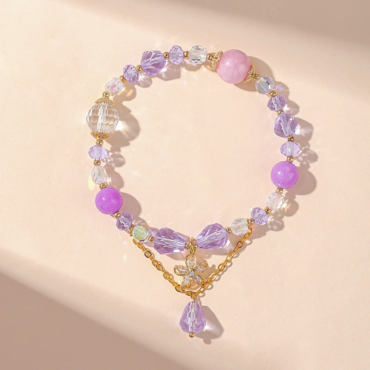 

Sweet Cubic Zircon Flower Charm Pink Purple Crystal Beaded Strand Women's Hand Bracelets Fashion Jewelry Accessories Wholesale