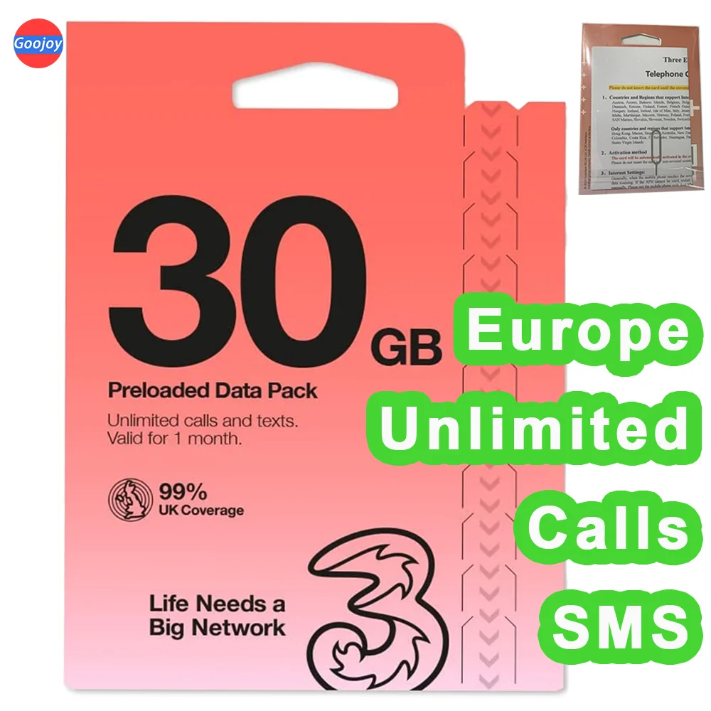 Europe 30 jours UK trois cartes Sim, données du Royaume-Uni 10 - 200 Go (Données européennes 6/12/18 Go), conversation et textes illimités, roaming gratuit 5G Europe