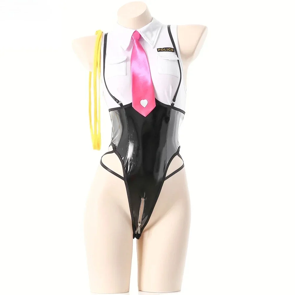 

Anime Girl Police Office Uniform Women Bodysuit Outfits Cosplay Costume Pu Leather Open Crotch See Through Role Play Underwear