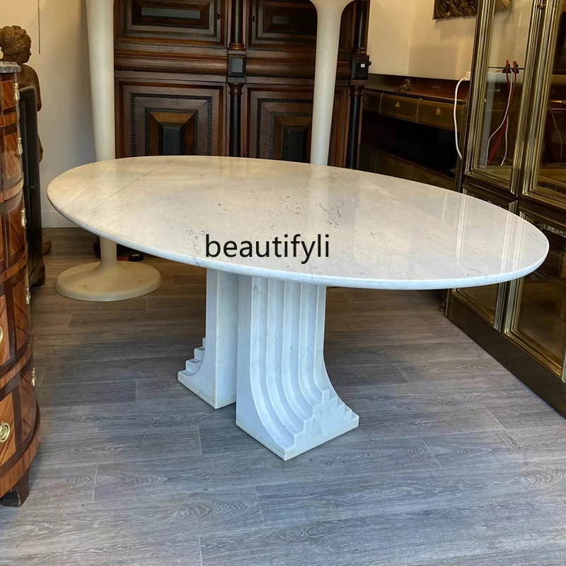 Oval Italian natural marble dining table Restaurant model room Villa travertine long table