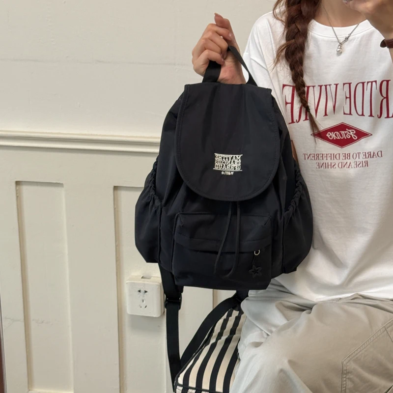 Women Nylon Drawstring Backpack Adjustable Shoulder Strap Logo Large Capacity School Bag Casual Travel Rucksack With Thick Base