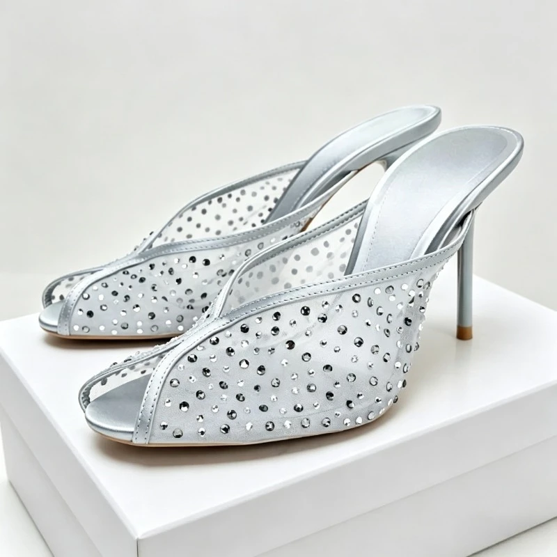 Luxury Mesh Rhinestone Heeled Sandals Women Peep Toe Summer Brand Mules Shoes Breathable Stiletto Heel Banquet Party Shoes Pumps