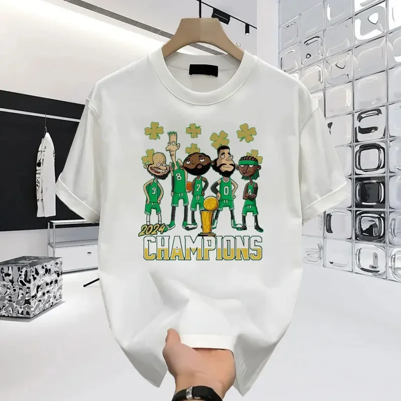 2024 Basketball Boston Champions Printed Cotton T-Shirt Man Fashion Couple Oversized Clothes Personalized Pattern High Quality