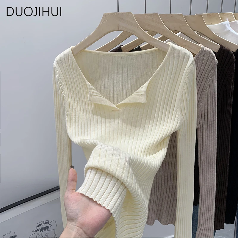 DUOJIHUI Korean New Chic V-neck Knitting Women Pullovers Autumn Fashion Striped Solid Color Simple Long Sleeve Female Pullovers