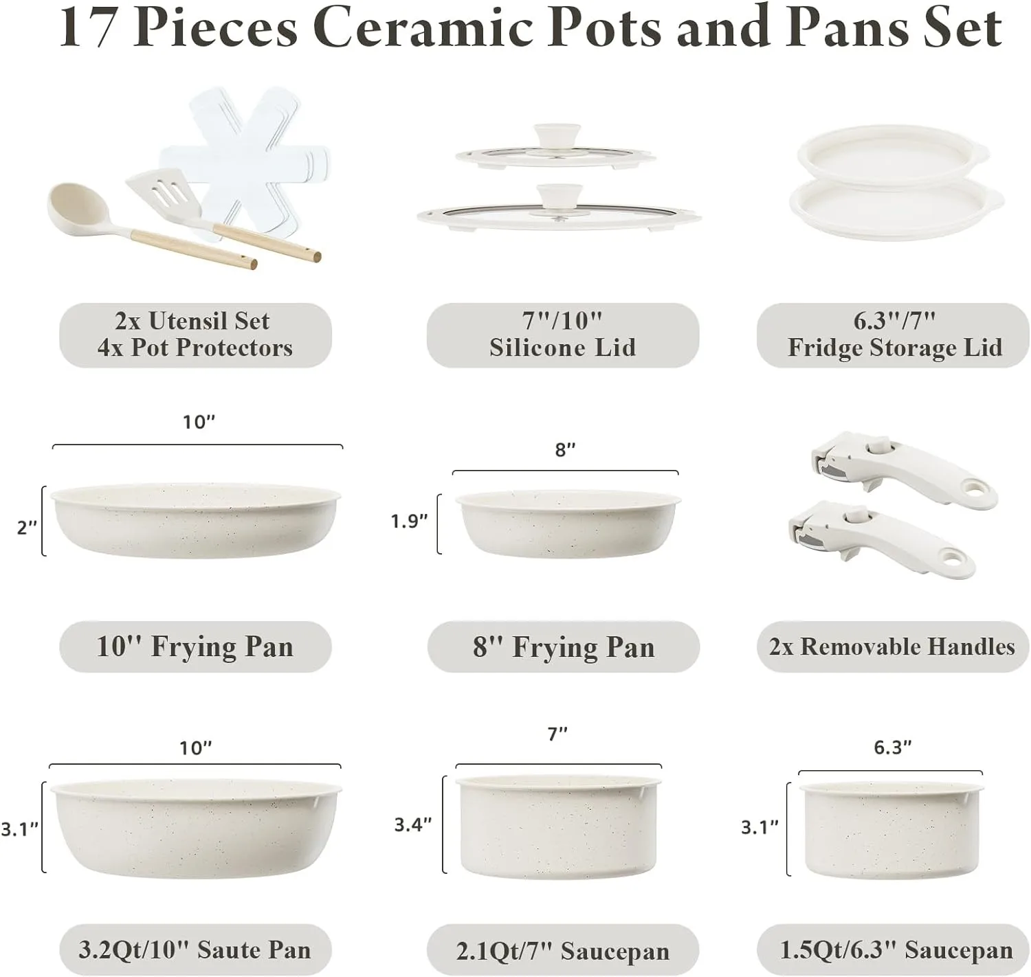 Ceramic Nonstick Cookware Set, Healthy,Non Toxic,17-Pieces Pots and Pans Set Removable Handles,Induction RV Kitchen Set,Stain &