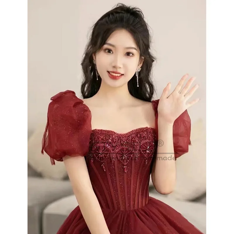 

GIYSILE Customized Wine Red Evening Dress 2025 Princess Puffy Skirt Square Collar with Bubble Sleeve Long Banquet Party Dress