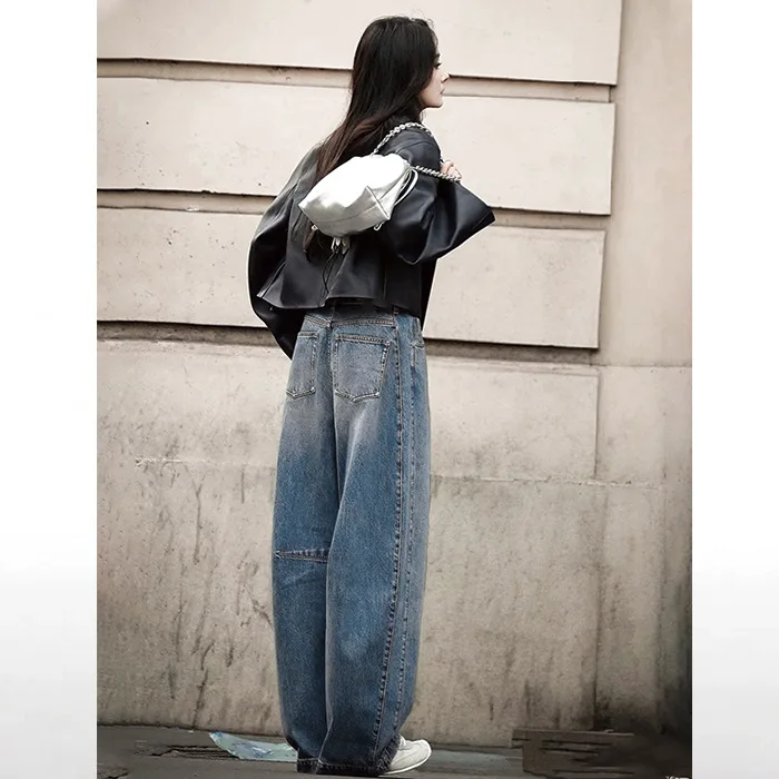 2025 Nuovi pantaloni in denim a gamba larga scimitar versatili a vita alta larghi e sottili Pantaloni per pulire le donne