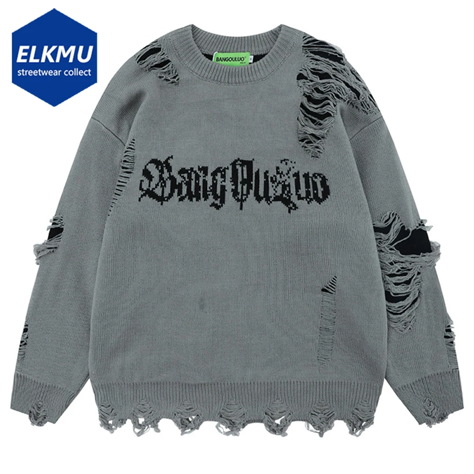 

Y2K Oversized Sweaters Men Ripped Distressed Tassel Sweaters Knit Jumpers Streetwear Harajuku Hip Hop Sweaters Knitwear Black
