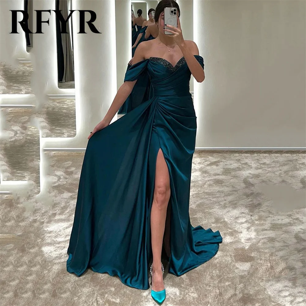 RFYR Beading Pleat Sweetheart Evening Dresses Off the Shoulder Stain Prom Dresses With Side Split Zipper Back vestidos de fiesta