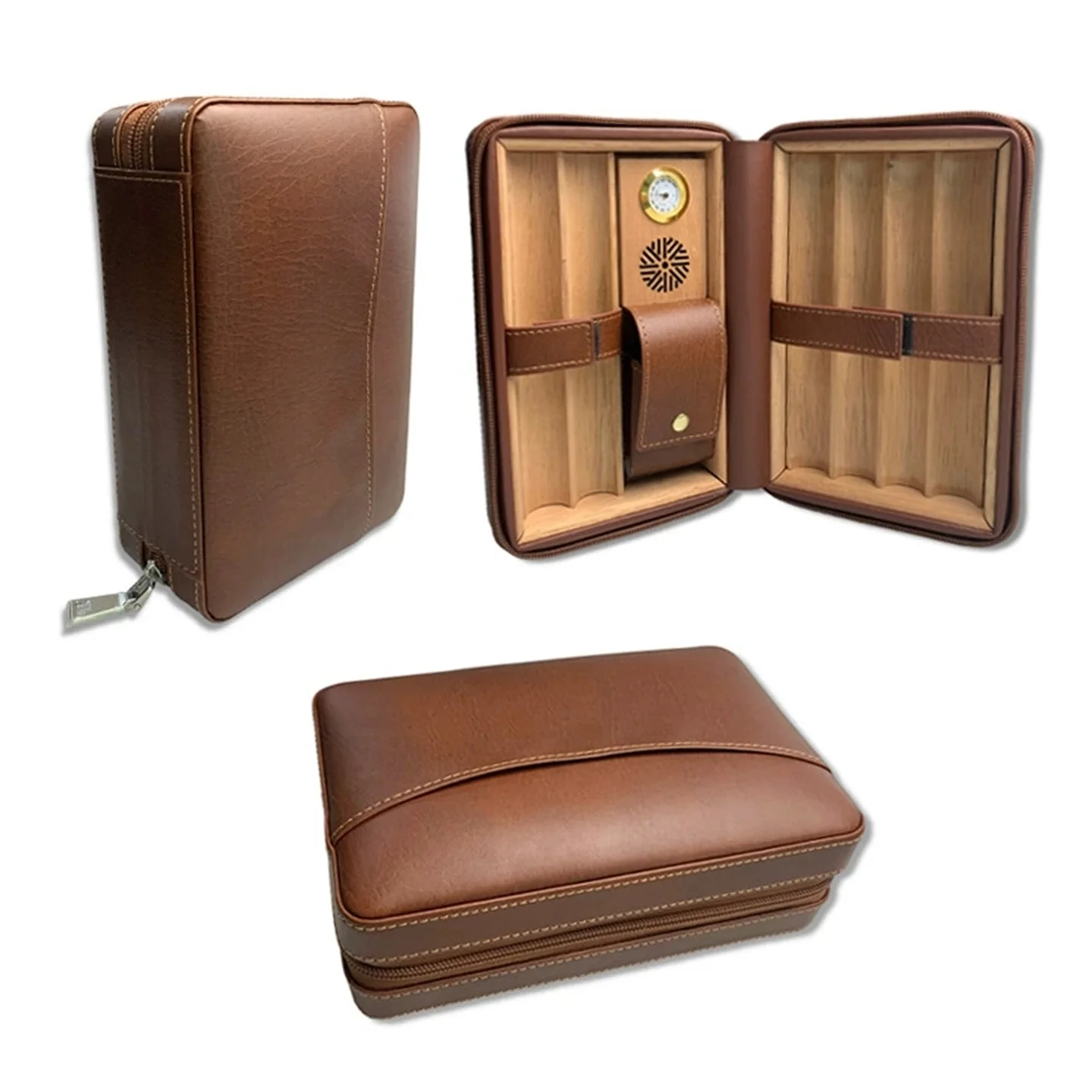 

Leather & Spanish Cedar Cigar Humidor Built-In Hygrometer / Humidifier / Cutter Portable Zipper Cigar Bag Capacity 6-Pieces