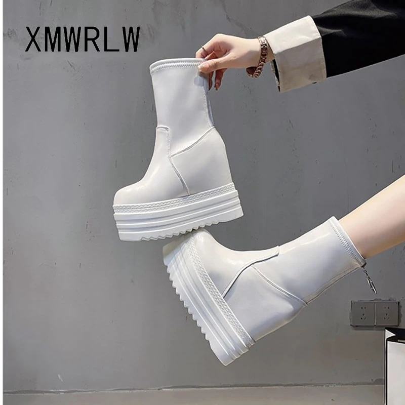 

XMWRLW Autumn Women Mid-Calf Boots Leather Platform Shoes Fashion Thick Sole 12cm Female Boots Rubber Sole Women Autumn Shoes