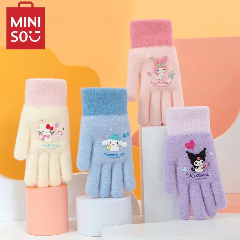 MINISO Sanrio kuromi melody Knitted Touch Screen Fingerless Five Finger Gloves Winter Women Outdoor Cold Warmth Cute Cartoon