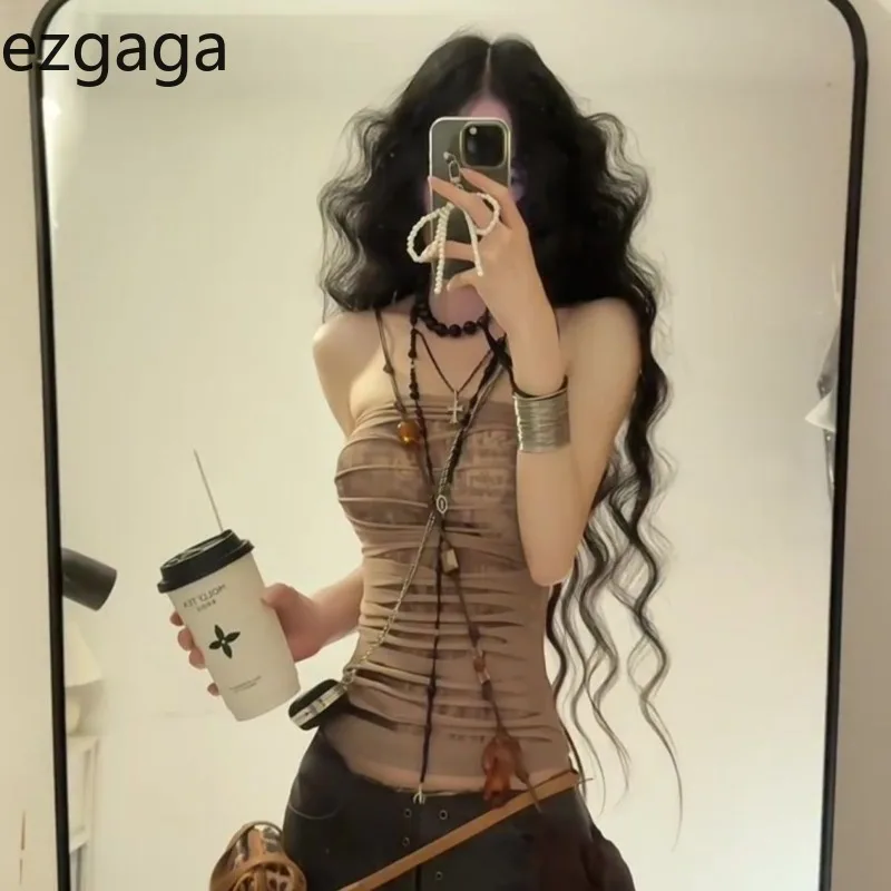 

ezgaga crop tank tops women mesh patchwork printing slim backless ruched backless ladies fashion casual camis clubwear