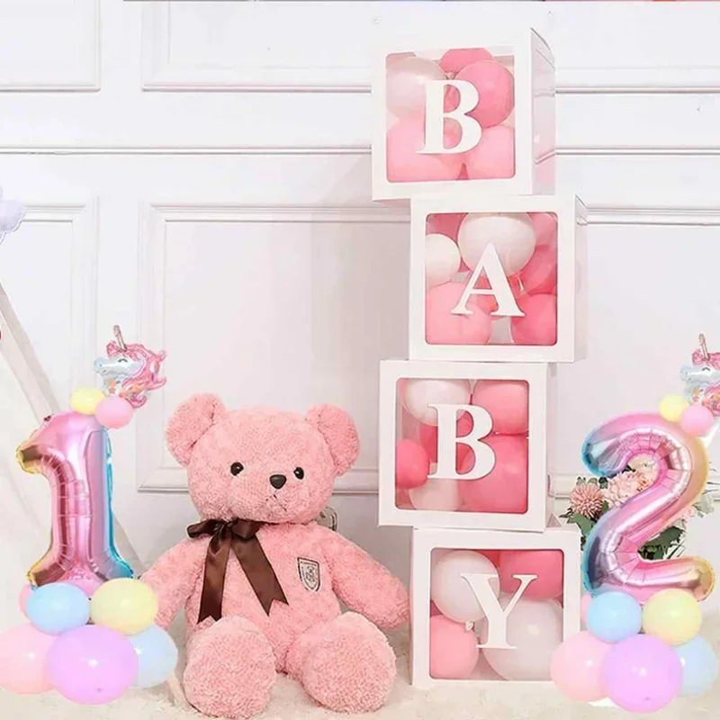 25/27cm Transparent Letter Baby Shower Box Birthday Wedding Custom Cube Balloon with Letter Box 1st Birthday Party Decorations