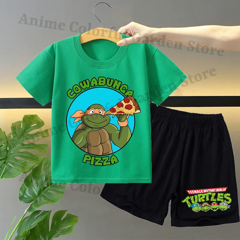 Teenage Mutant Ninja Turtles T-shirt Shorts Suit for Boys Girls Anime Cartoon Short-sleeved Top Pants Children Summer Clothes