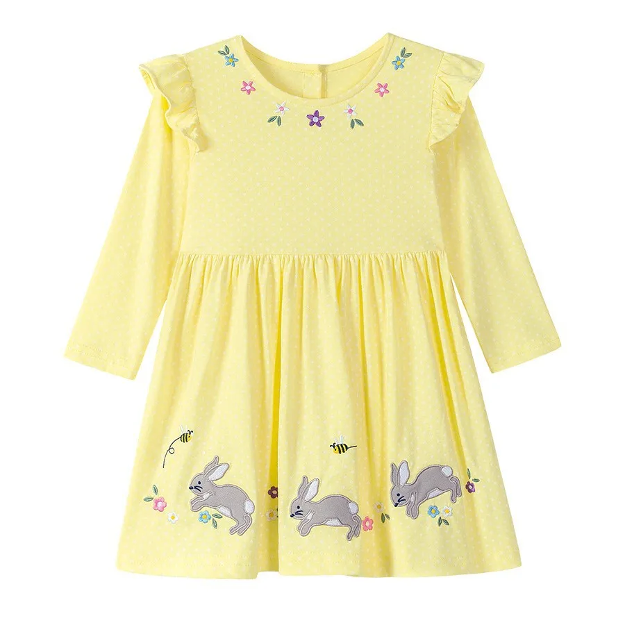 

2025 New Long Sleeve Yellow Colorful Cute Cartoon Rabbit Color Printing Cotton Casual Girl Beautiful and Comfortable Dress