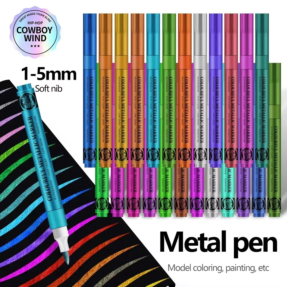 

12 Metallic Colors Acrylic Paint Markers for Rock Painting Black Paper Stone Ceramic Fabric Graffiti Art Supplies Brush Tip