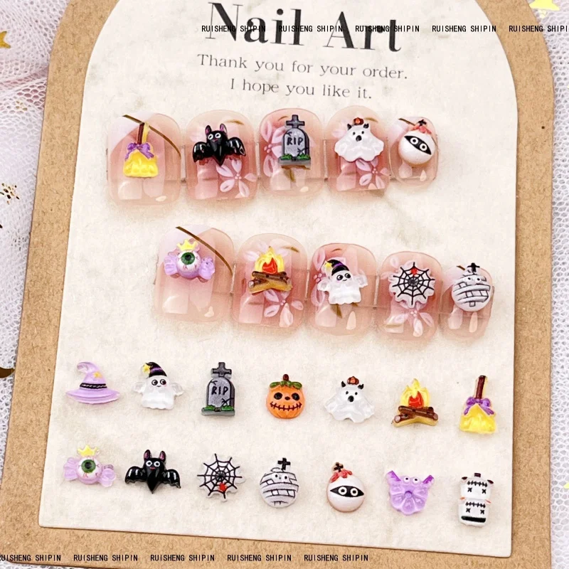 LYLE 20Pcs New Mini Cartoon Halloween Nail Charms Funny Ghost Witch Hat Kids Wearable Nail Art Decorations Mixed Resin Bling Set