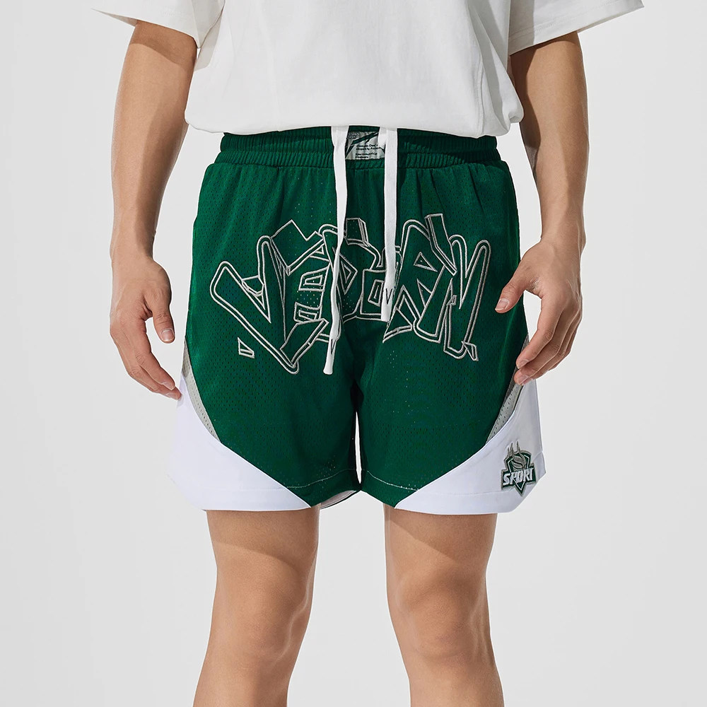 Street Style Mesh Basketball Shorts for Men Side Pockets Elastic Waistband Breathable Sport Shorts for Training Running