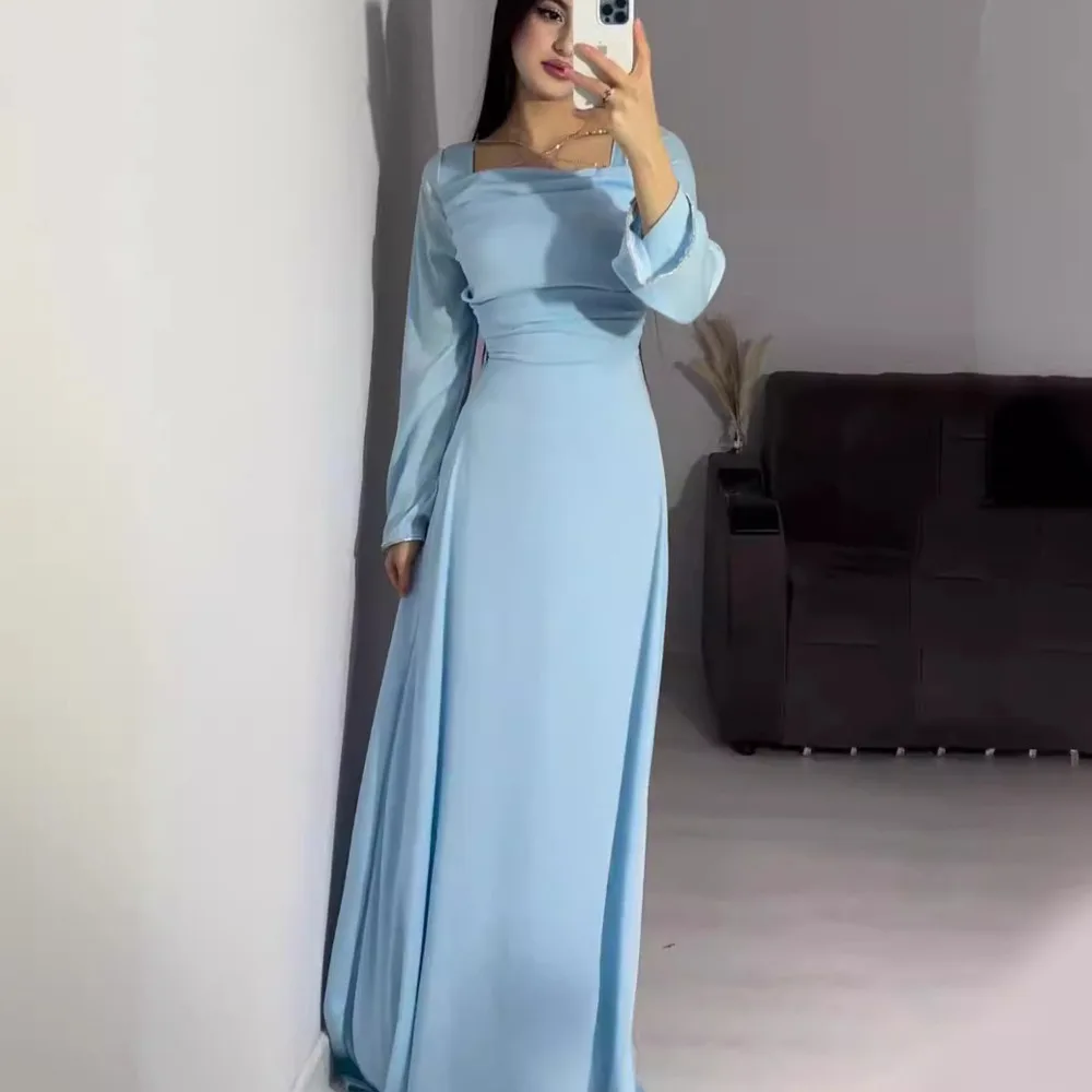 

Woman Clothing 2024 Spring New Handmade Diamond Studded Ribbon Design Abaya Solid Color Long Sleeve Satin Slimming Maxi Dress