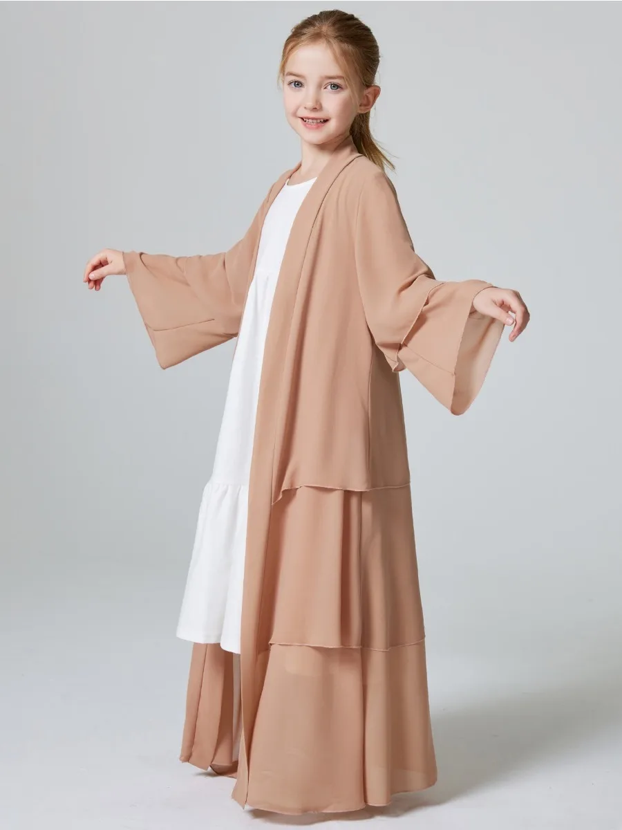 Eid Muslim Girls Abaya for Kid Dress Chiffon Abayas Arab Dubai Cardigan Jalabiya Party Dresses Kaftan Vestido Long Robe Jalabiya