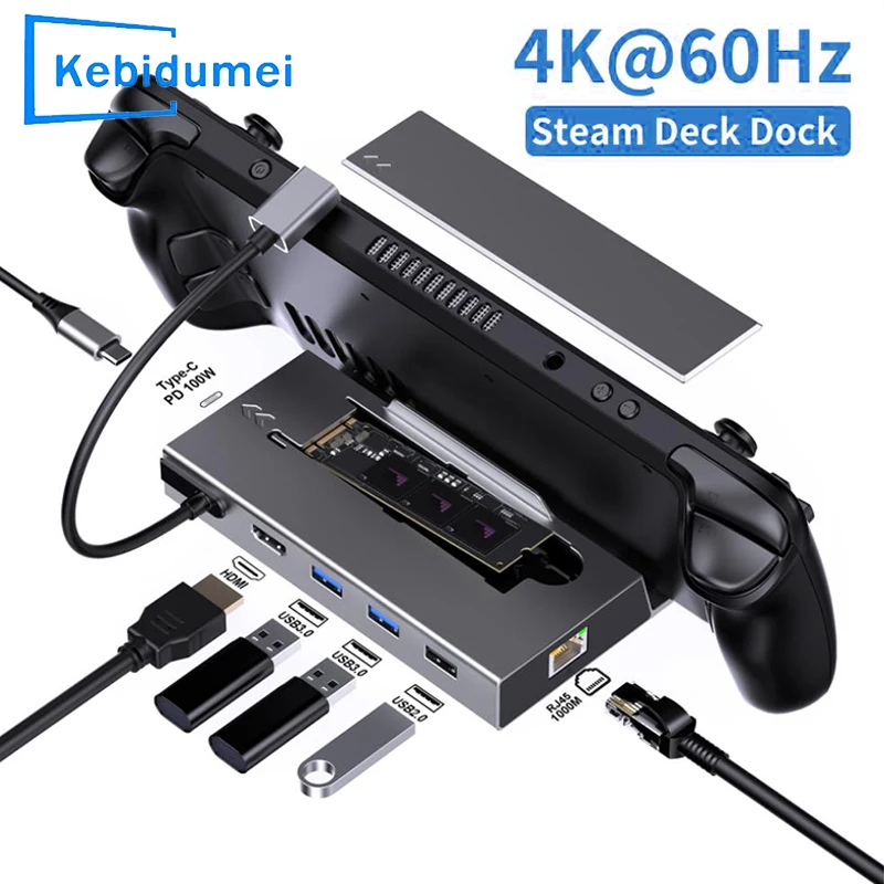 7-in-1 USB C Docking Station for Steam Deck Nintend Switch M.2 NVMe SATA HUB HDMI 4K@60Hz 1000M Gigabit Ethernet 2*USB 3.0 Hub