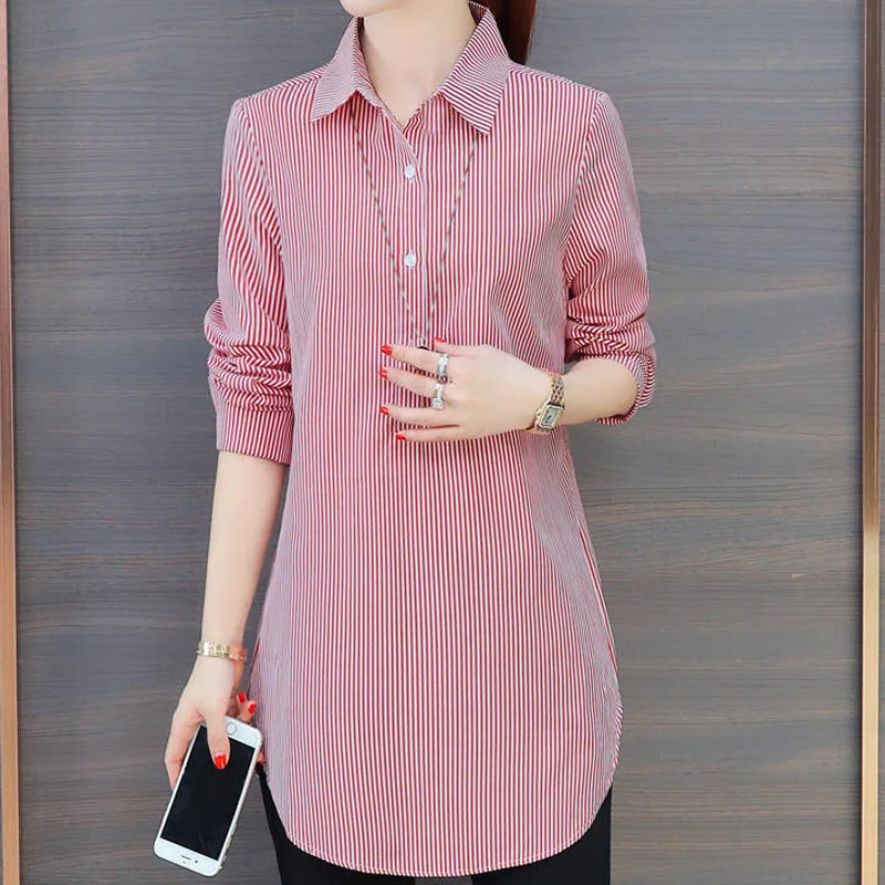 Fashion Striped Printing Oversize Women\'s Clothing 2023 Spring Casual POLO Collar Long Sleeve Women New Korean Shirt