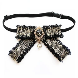 Korean Bow Tie Brooch for Women Girl College Style White Shirt Collar Flower British Fashion Handmade Ribbon Crystal Bowtie Pins