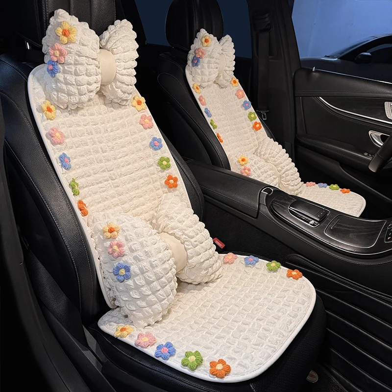 Nuevo 2025 cuatro estaciones Universal mujer Puff dibujos animados flor transpirable funda para cojín de asiento de coche adornos interiores de coche