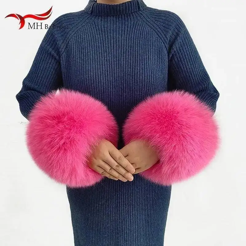 ผู้หญิงฤดูหนาว 100% Fox FUR ข้อมือของแท้ Fox Furry สายรัดข้อมือขนปุยสร้อยข้อมือแขนความอบอุ่นอุปกรณ์เสริมข้อเท้าอุ่น